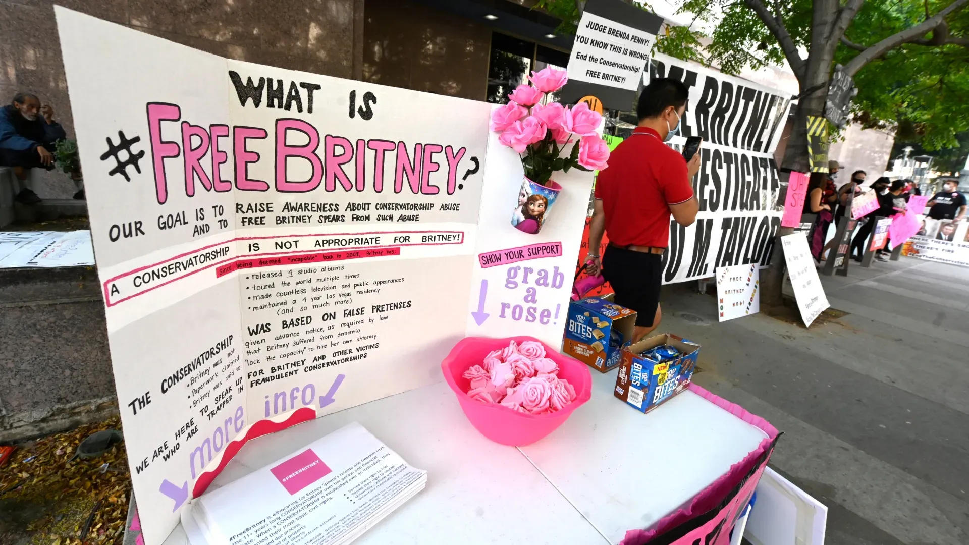 Banners at the Britney Spears #FreeBritney Protest outside Los Angeles Courthouse at Stanley Mosk Courthouse on September 16, 2020 in Los Angeles, California. (Photo by Frazer Harrison/Getty Images)