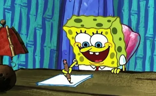 Bob Esponja, escribiendo una nota y luciendo un atuendo como Light Yagami en Death Note.