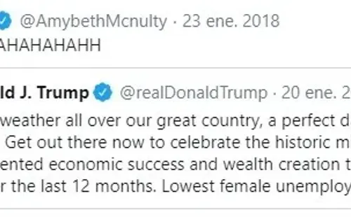 Tuit de AmyBeth McNulty ironizando sobre un tuit de Trump