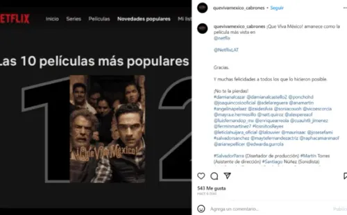 A pesar de no haber recibido muy buenas críticas la película sigue triunfando en la plataforma de la gran N roja. Imagen: @quevivamexico_cabrones.