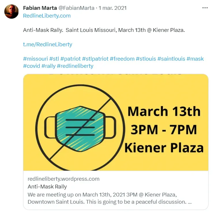 El rally en contra de los cubrebocas que promovía Fabian Marta en su cuenta de Twitter. Imagen: Twitter de Fabian Marta.