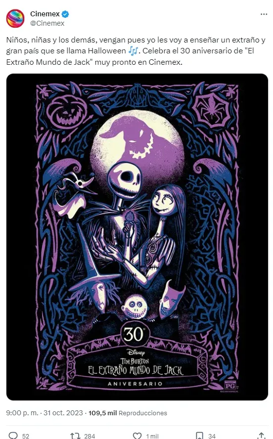 La confirmación por parte de Cinemex de que iban a pasar El Extraño Mundo de Jack fue recibida con mucha felicidad por parte de sus fans. Imagen: X.