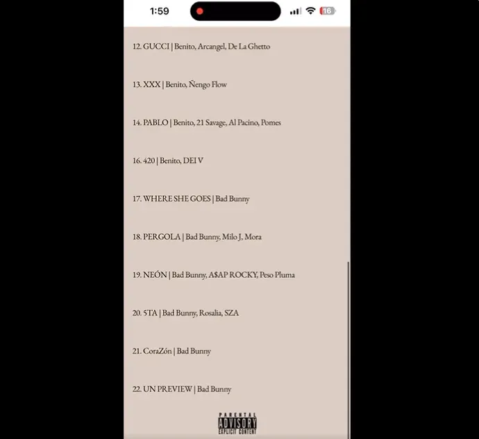Estos serían los 11 temas restantes en el disco de Bad Bunny, y en el 19 se daría la colaboración con Peso Pluma. Imagen: @eduardocbalas.
