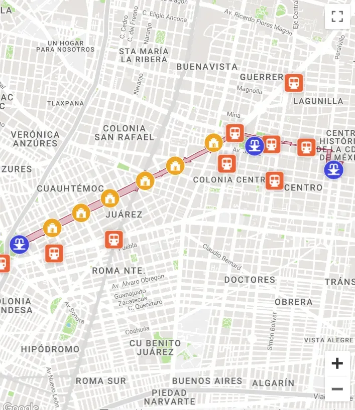 Mapa de la ruta que seguirá el desfile este 4 de noviembre. Imagen: https://mexicocity.cdmx.gob.mx/.