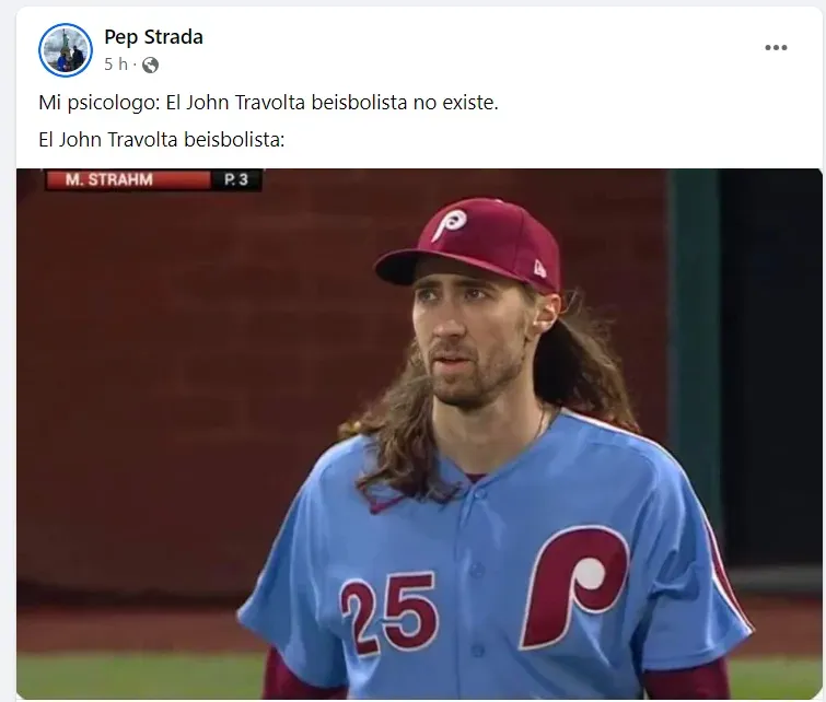 Este es el meme del Travolta beisbolista que ha estallado en redes sociales. Imagen: @Pep Strada.