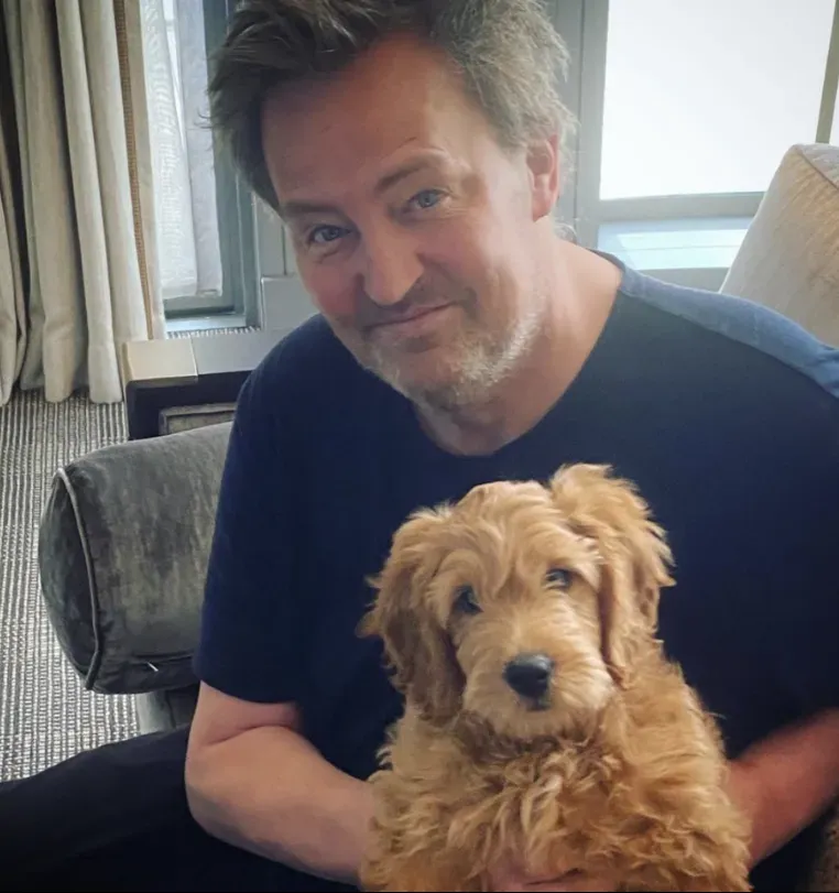 En esta foto podemos ver a Alfred, el perro en el regazo de Matthew Perry, y quien se pensaba que se encontraba en la residencia del actor. Imagen: The U. S. Sun.
