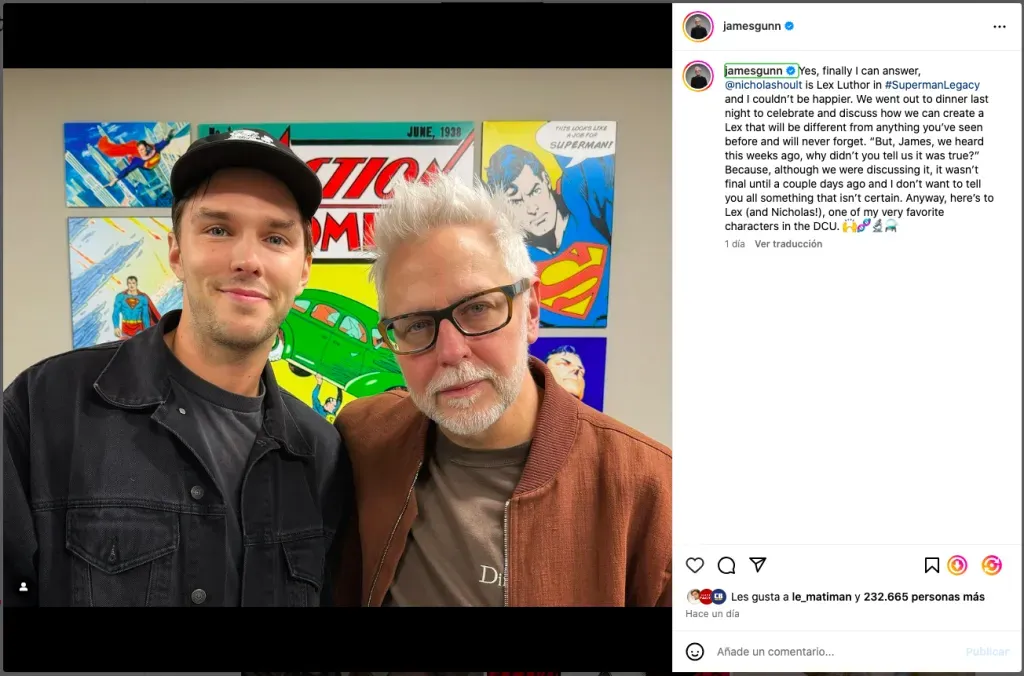 La publicación de James Gunn junto a Nicholas Hoult, a propósito del casting del casting de Lex Luthor.