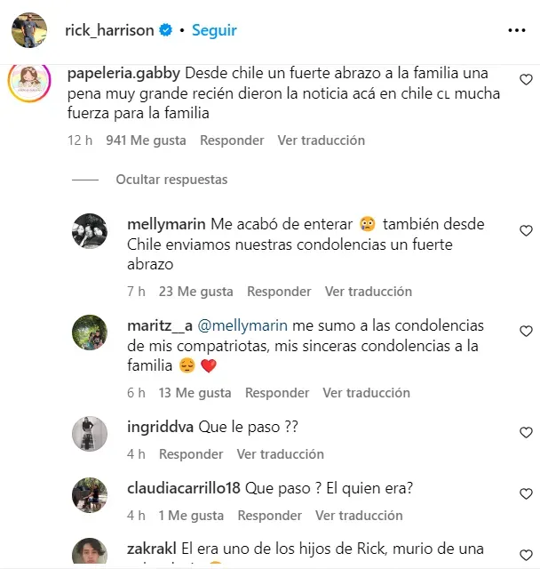 Los fans de Sudamérica, sobre todo de Chile, le expresaron sus condolencias a la familia Harrison. Imagen: @rick_harrison.