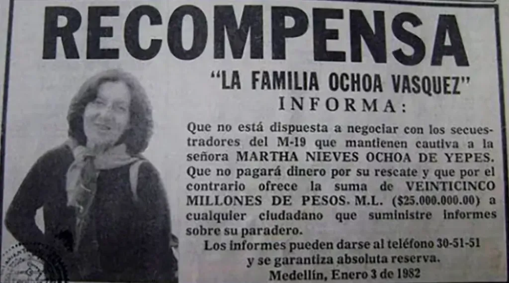 El secuestro de Martha Nieves Ochoa de Yepes fue el catalizador de lo que generaron los hermanos Ochoa a Colombia. Imagen: Infobae.