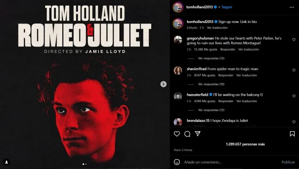 El anuncio de Tom Holland en su cuenta de Instagram. (@tomholland2013)