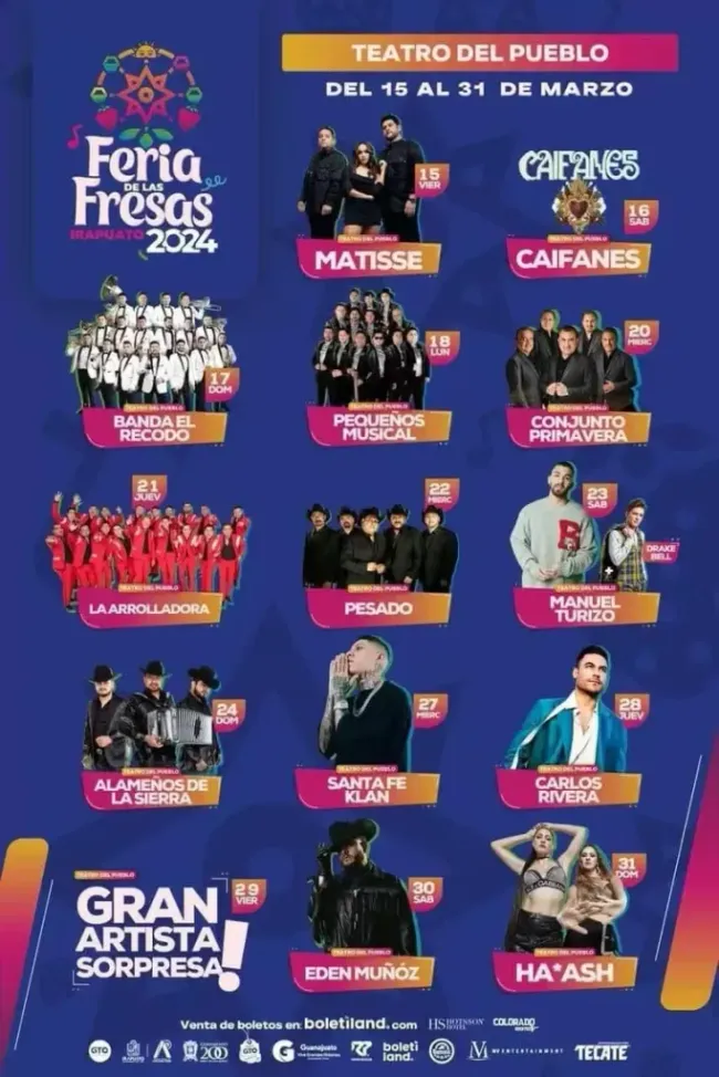 Algunos de los artistas que estarán en la Feria de la Fresas 2024 en Irapuato México.