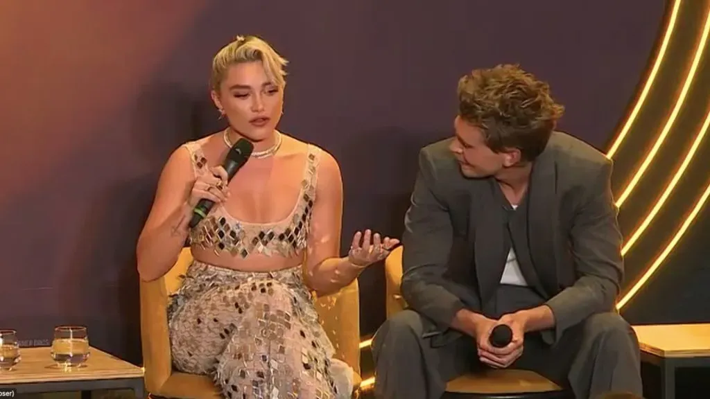 Florence Pugh y Austin Butler en la conferencia de prensa por Dune, Parte 2.