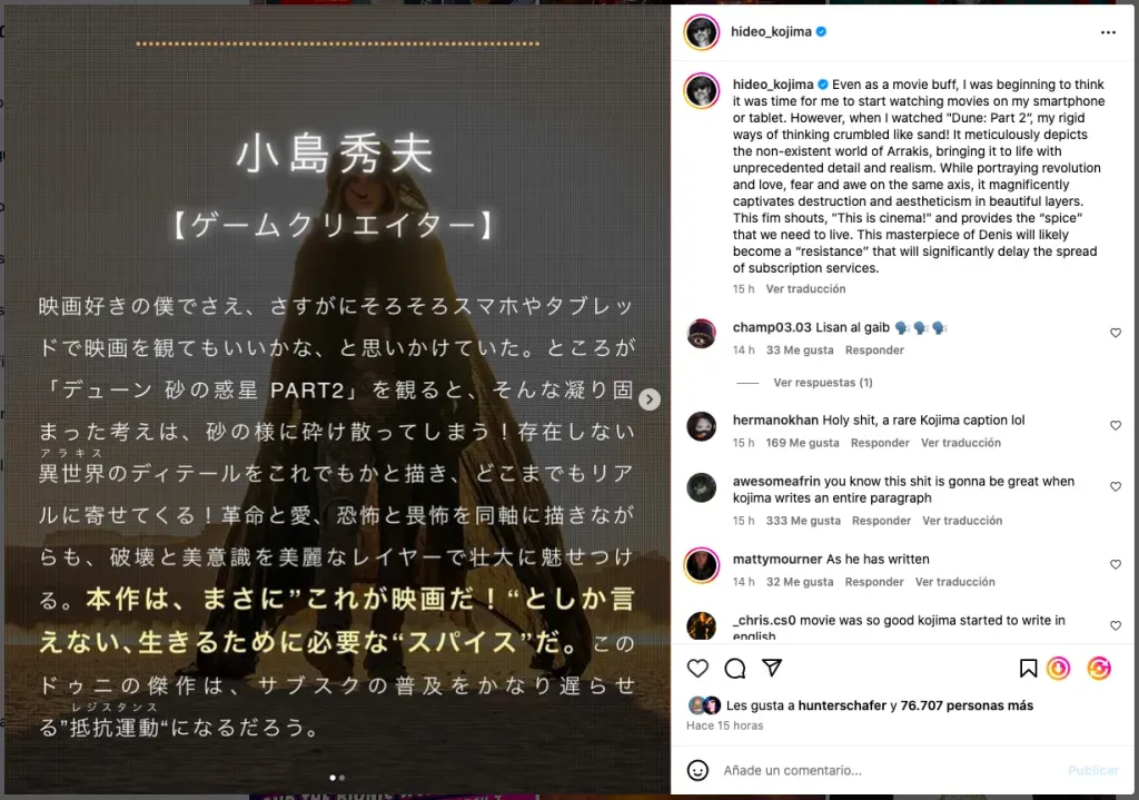 Hideo Kojima en una de sus publicaciones de Instagram.
