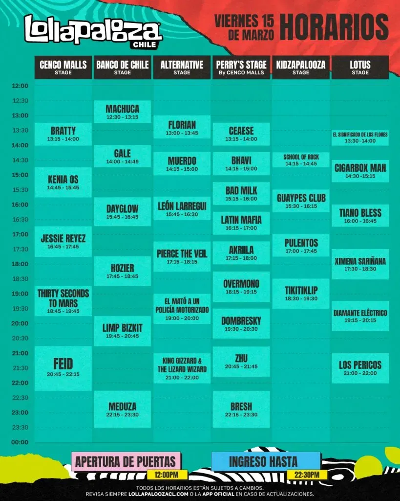 El programa para este viernes 15 de marzo en Lollapalooza Chile 2024.