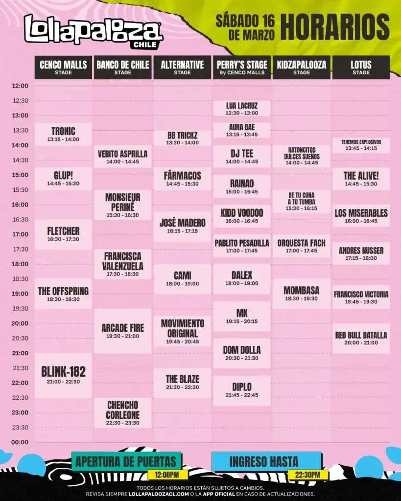 El programo del sábado 16 de marzo en Lollapalooza Chile 2024.