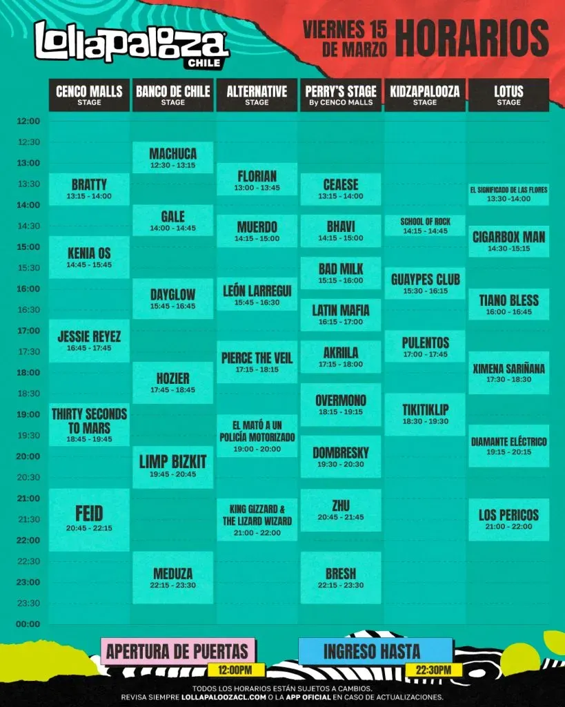 La programación del viernes 15 de marzo en Lollapalooza Chile 2024.