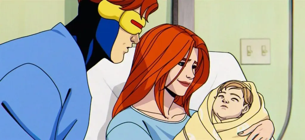 Cíclope y Jean Grey, observan a Natah, su hijo recién nacido. Imagen: Disney+.