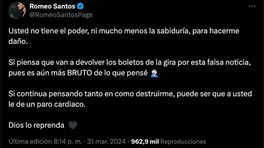 Romeo Santos desmiente que haya sido hospitalizado (Twitter)