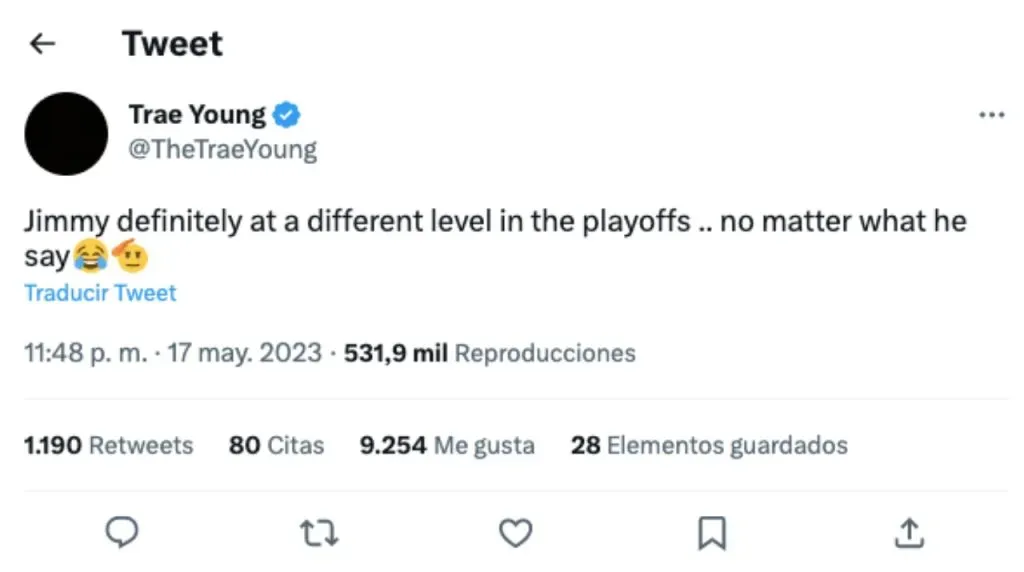 Trae Young se expresó en Twitter tras lo hecho por Jimmy Butler ante Boston Celtics. Fuente @TheTraeYoung en Twitter.