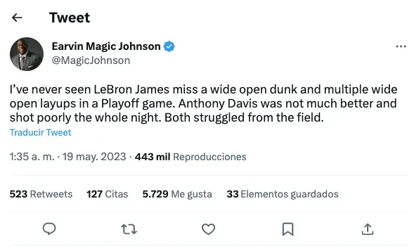 Magic Johnson criticó a LeBron James y Anthony Davis por sus desempeños en el Juego 2. Fuente: @MagicJohnson en Twitter.