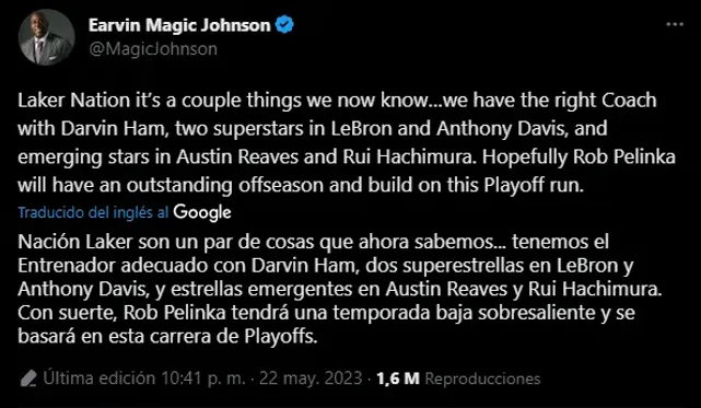 Magic Johnson da los 4 jugadores de Lakers que no deben salir del equipo (Foto: Twitter / @MagicJohnson)