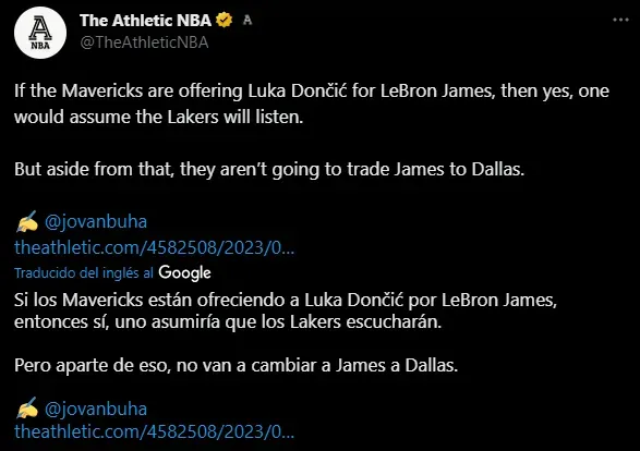 Lakers no acepataria intercambio con Dallas por LeBron (Foto: Twitter / @TheAthleticNBA)