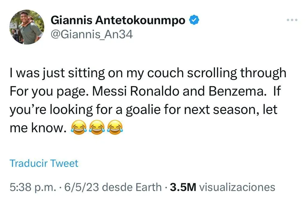 Antetokounmpo se ofrece a jugar con Messi, Benzema y Cristiano (Foto: Twitter / @Giannis_An34)