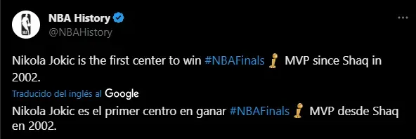 Nikola Jokic MVP de las Finales NBA 2023 (Foto: Twitter / @NBAHistory)