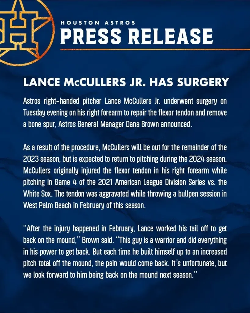 McCullers Jr. se pierde el resto de la MLB 2023 (Foto: Twitter / @astros)