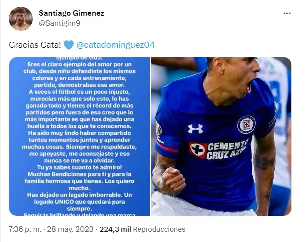 La salida del Cata Domínguez no pasó desapercibida para Santi Giménez (Captura)