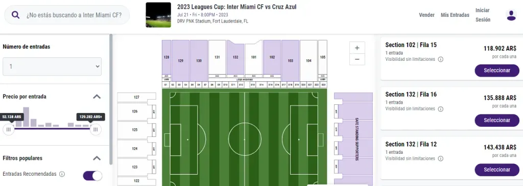 Captura de pantalla en StubHub