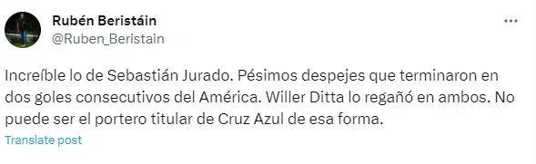 Tuit de Rubén Beristáin