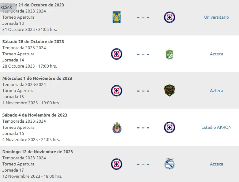 Resto del calendario para Cruz Azul