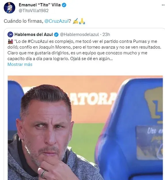 Tito Villa pidió la llegada de Chaco Giménez a Cruz Azul (Twitter)