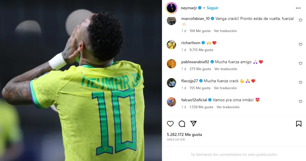 Publicación de Neymar en Instagram y reacción de Fabián (IG)