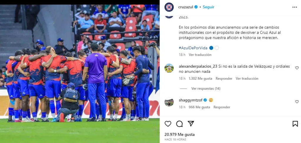 Publicación de Cruz Azul con reacción del Shaggy Martínez