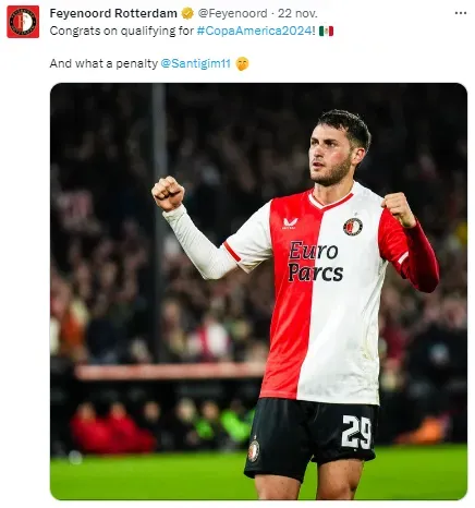 Feyenoord felicitó a Santi por el boleto a la Copa América con el Tri. (Foto: Feyenoord)