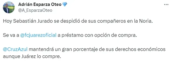 Jurado se va a préstamo de Cruz Azul. (@A_EsparzaOteo)