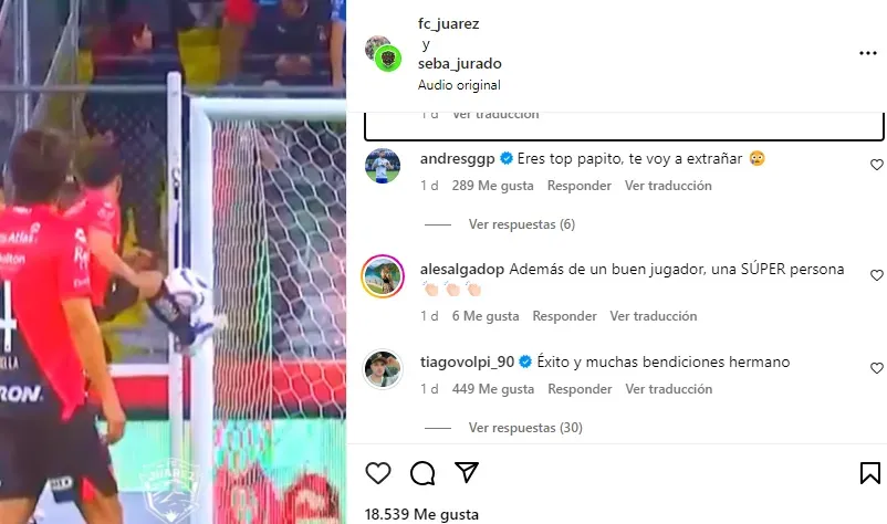 Mensajes de despedida a Sebastián Jurado en Instagram