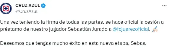 Publicación de Cruz Azul para despedir a Sebastián Jurado