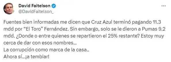 La denuncia de David Faitelson en contra del fichaje de Cruz Azul (Twitter)