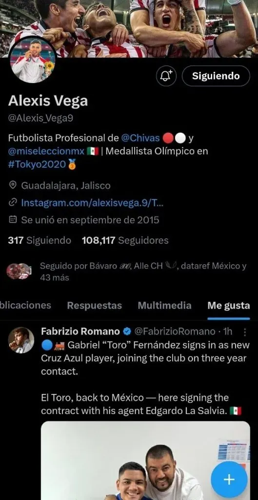 Like de Alexis Vega al fichaje del Toro Fernández por Cruz Azul
