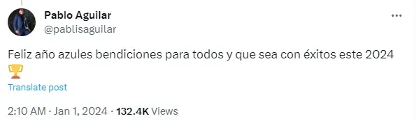 Publicación de Pablo Aguilar en respuesta al mensaje de fin de año de Cruz Azul