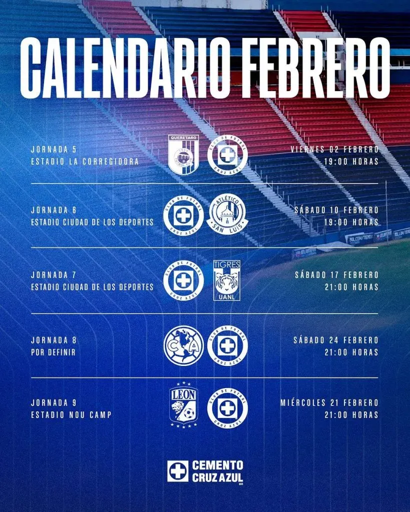 Calendario de Cruz Azul en el mes de febrero (X Cruz Azul)