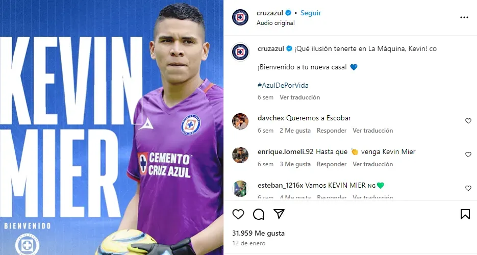 Publicación de Cruz Azul anunciando la llegada de Kevin Mier