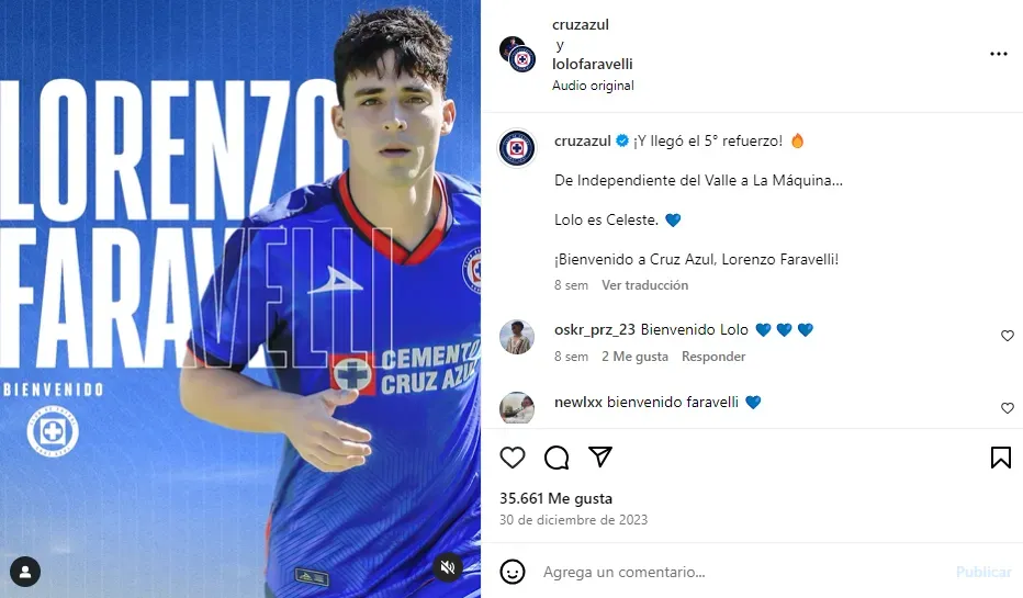 Publicación de Cruz Azul anunciando la llegada de Lorenzo Faravelli