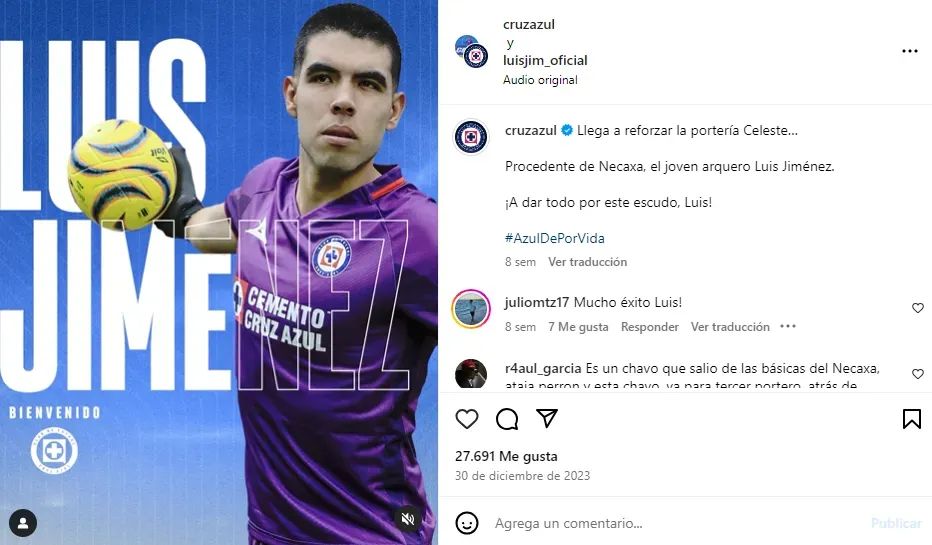 Publicación de Cruz Azul anunciando la llegada de Luis Jiménez
