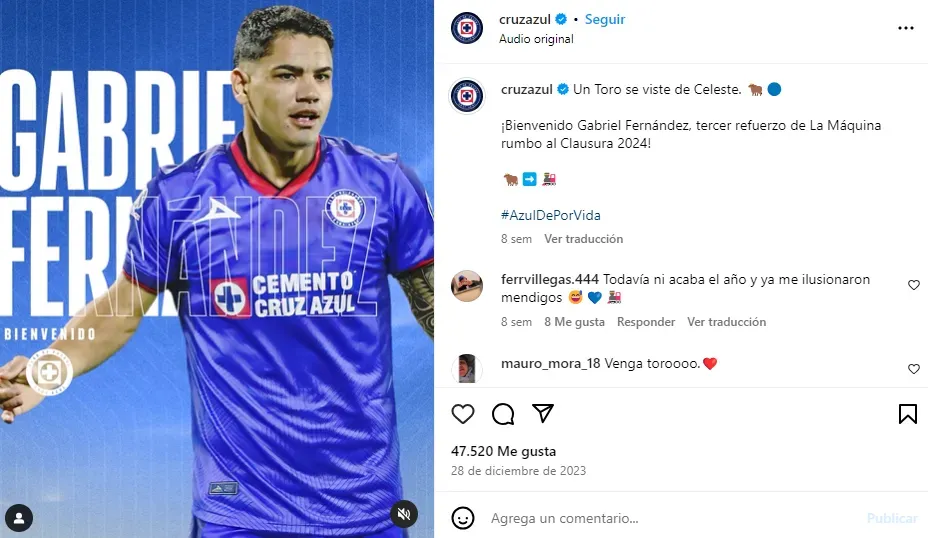 Publicación de Cruz Azul anunciando la llegada de Toro Fernández