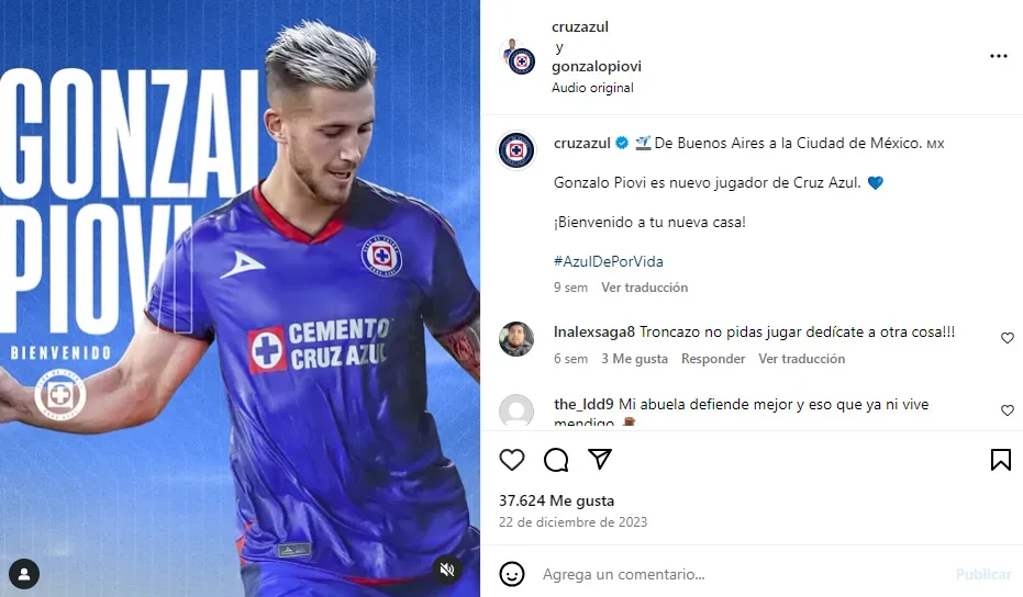 Publicación de Cruz Azul anunciando la llegada de Gonzalo Piovi