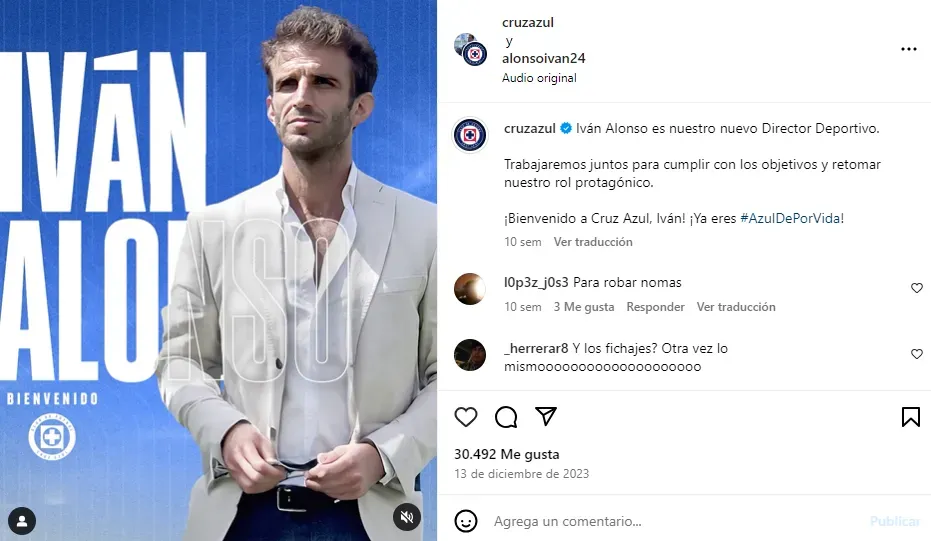 Publicación de Cruz Azul anunciando la llegada de Iván Alonso